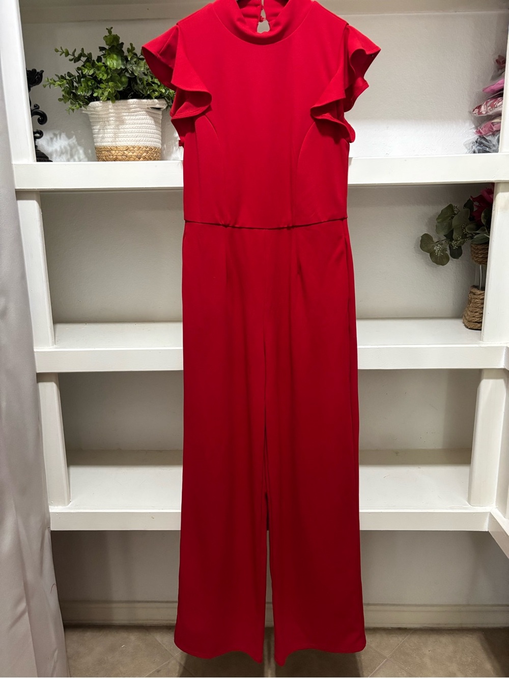 Blue Rain Bright Red Ruffle Sleeve Jumpsuit